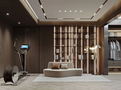 Elegant Modern Walk-in Closet Interior With Wooden Display Shelves Sofa And Recessed Lighting 3d model