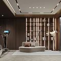 Elegant Modern Walk-in Closet Interior With Wooden Display Shelves Sofa And Recessed Lighting