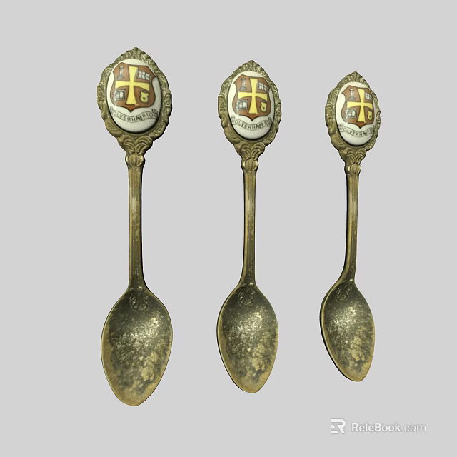 Vintage Brass Spoon Set With Decorative Cross Emblem And Distressed Finish 3d model 