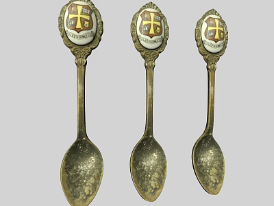 Vintage Brass Spoon Set With Decorative Cross Emblem And Distressed Finish 3d model