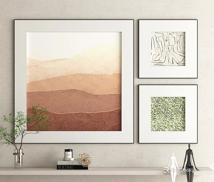 Abstract Paintings With Gradient Earth Tones Green Leaf Pattern And Line Texture Wall Art 3d model