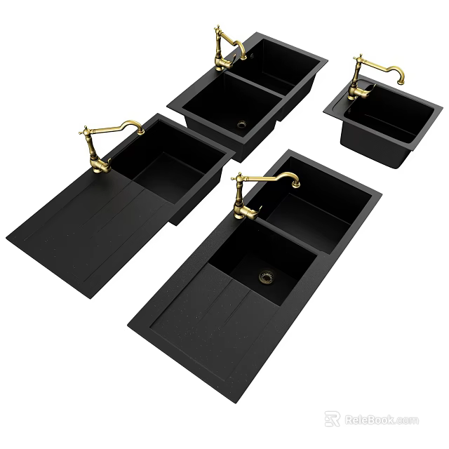 Black Kitchen Sinks With Gold Faucets Modern Design And Cover Worktops 3d model 