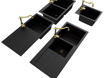 Black Kitchen Sinks With Gold Faucets Modern Design And Cover Worktops 3d model