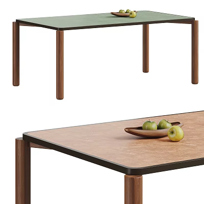 Wooden Dining Table With Smooth Tabletop And Sturdy Legs Featuring Wooden Tray With Apples 3d model