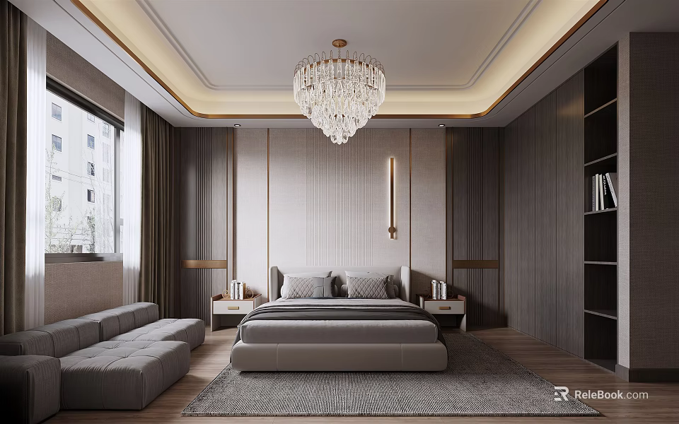 Elegant Modern Bedroom Interior With Crystal Chandelier Wooden Walls And Area Rug 3d model 