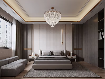 Elegant Modern Bedroom Interior With Crystal Chandelier Wooden Walls And Area Rug 3d model