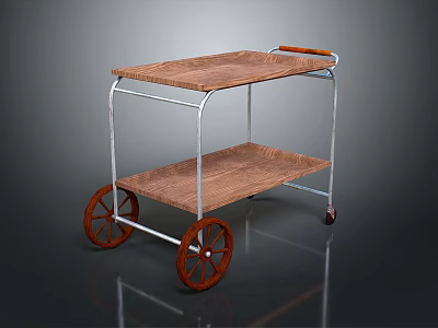 Two Tiered Wooden Cart With Metal Frame And Brown Rolling Wheels Design 3d model
