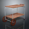 Two Tiered Wooden Cart With Metal Frame And Brown Rolling Wheels Design