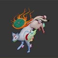 White Mythical Fox With Red Accents Carrying Green Circular Object And Flame Patterns