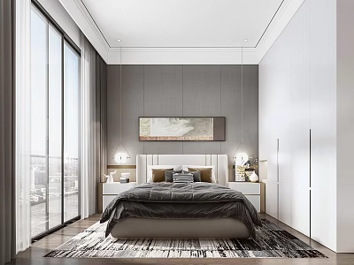 Modern Minimalist Bedroom Interior With Large Windows Bedside Tables And Wall Artwork On Patterned Rug 3d model