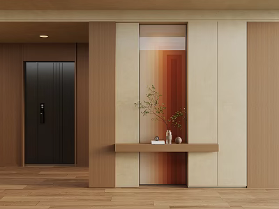 Modern Interior With Wooden Glass Partition Beige Panel Console Table Green Plant And Wooden Floor 3d model
