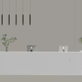 Modern White Reception Desk With Mac Computers Plants And Hanging Lights 3d model