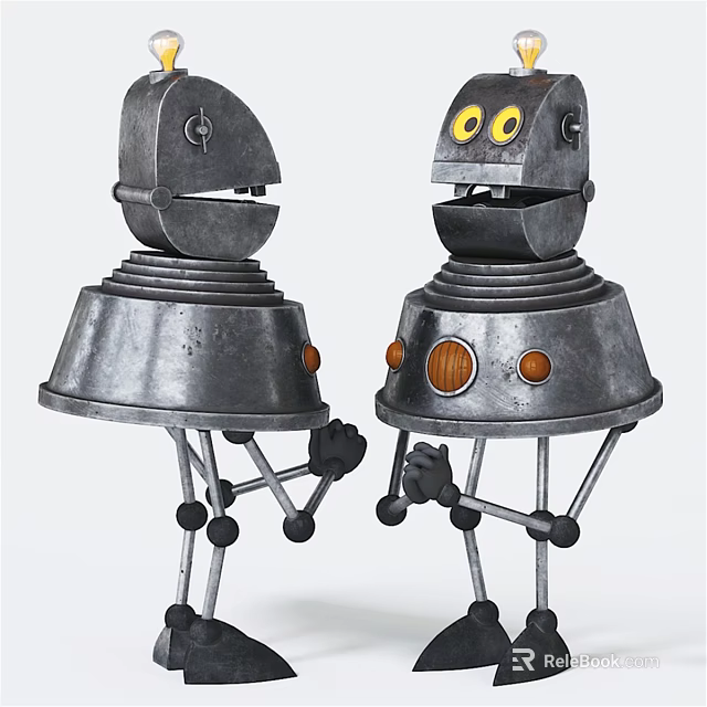 Robot Shaped Metal Decorative Ornament Set with Yellow Eyes Round Buttons and Legs Design 3d model 