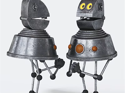 Robot Shaped Metal Decorative Ornament Set with Yellow Eyes Round Buttons and Legs Design 3d model