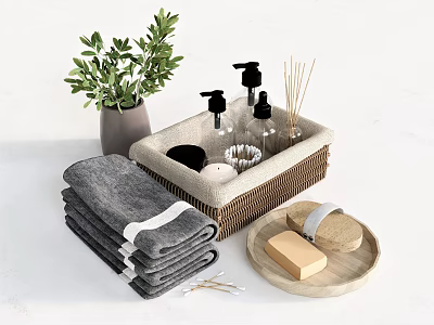Elegant Bathroom Accessories Including Stacked Towels Aromatherapy Bottles Soap And Bath Brush 3d model
