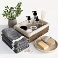 Elegant Bathroom Accessories Including Stacked Towels Aromatherapy Bottles Soap And Bath Brush
