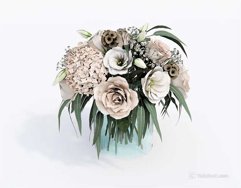 Elegant Decorative Light Blue Vase With Beige Roses White Lilies Hydrangea And Fresh Green Leaves 3d model 