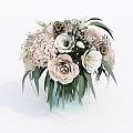 Elegant Decorative Light Blue Vase With Beige Roses White Lilies Hydrangea And Fresh Green Leaves
