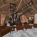 Rustic Industrial Bar Interior With Wooden Ceiling Brick Walls And Brown Leather Sofas