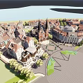 European Style Commercial Street With Plaza Greenery Fountains And Traditional Buildings