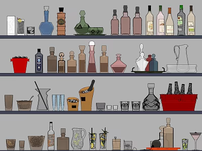 Various Colorful Wine Bottles and Cocktail Glasses Arranged on Multiple Shelves 3d model
