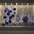 Window Display Decoration With Blue Spheres Lavender Plant Grid Basket And Clothes Hanger
