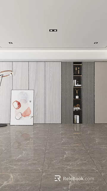 Modern Living Room Interior With Wooden Panels Artwork Marble Flooring And Black Display Shelf 3d model 
