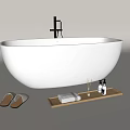 Modern Freestanding White Bathtub With Black Faucet Wooden Tray Towels Slippers And Scented Bottles