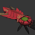Red Mechanical Device With Glowing Green Core Yellow Accents And Black Spikes