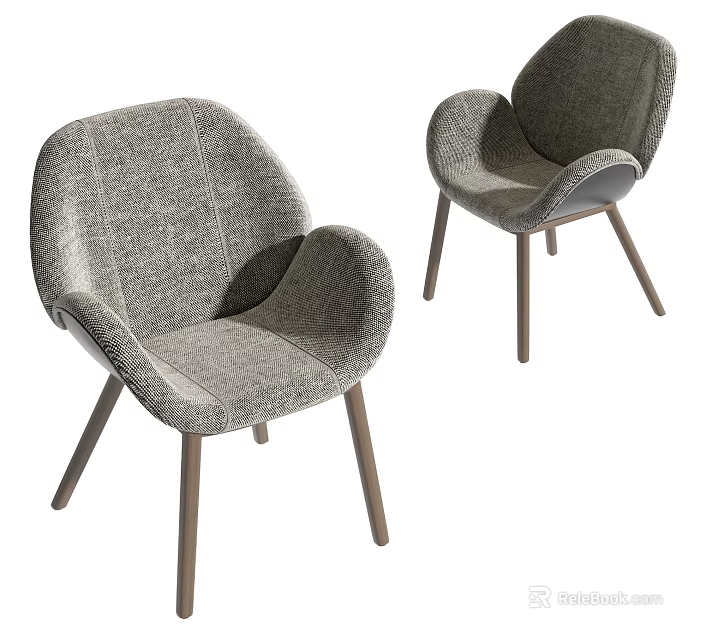 Stylish Gray Fabric Dining Chairs With Curved Backrest Armrests And Wooden Legs 3d model 