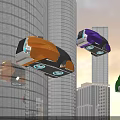 Futuristic Flying Cars Over Modern City Skyscrapers With Yellow Purple Green Designs And Wireless Connectivity