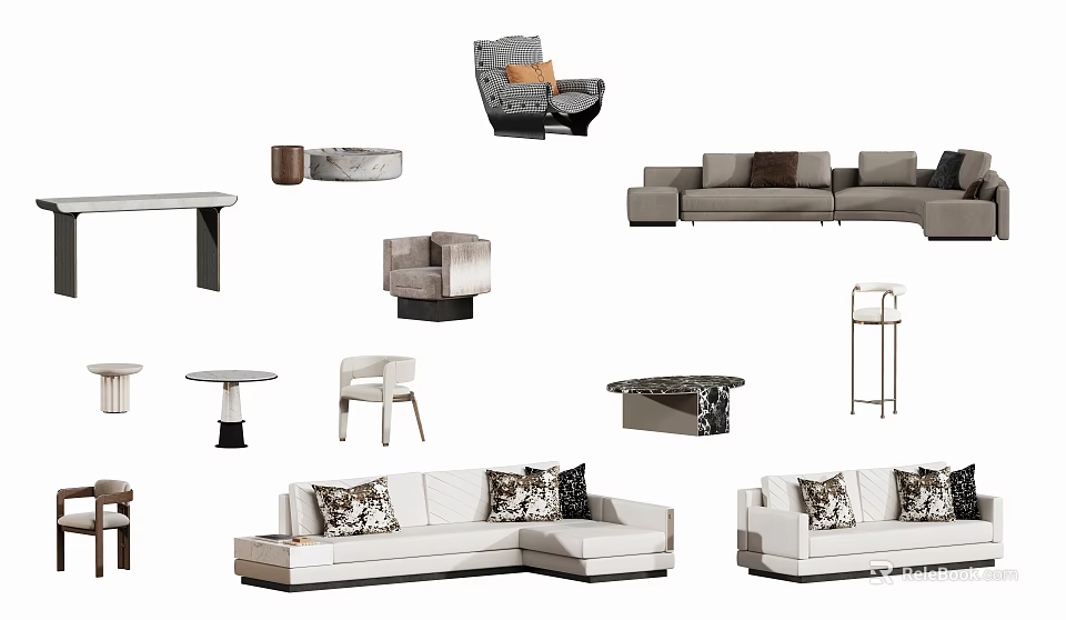 Modern Sectional Sofa And Marble Coffee Table Set With Decorative Pillows 3d model