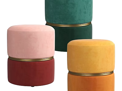 Velvet Ottoman Pouf Set In Multiple Colors With Soft Upholstery And Gold Trim 3d model