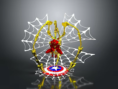 Spider Web Structure Featuring Golden Frame Red Spider Man Figure And Captain America Shield 3d model