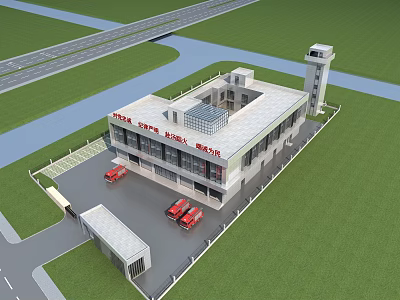 Modern Fire Station Building With Red Fire Trucks And Watch Tower 3d model