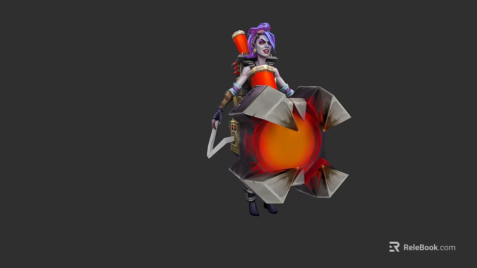 Game and Movie Character With Purple Hair Red White Outfit Large Weapon Shield Orange Core 3d model 