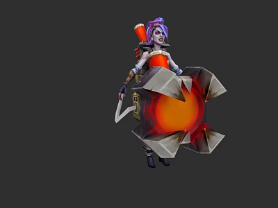 Game and Movie Character With Purple Hair Red White Outfit Large Weapon Shield Orange Core 3d model