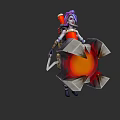 Game and Movie Character With Purple Hair Red White Outfit Large Weapon Shield Orange Core