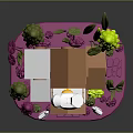 Cute Miniature House With Orange Roof Balcony Green Pink Trees Purple Lawn And White Goose