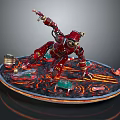 Red Robotic Smart Machine Figure On Lava Surface With Green Gemstones And Gold Accents