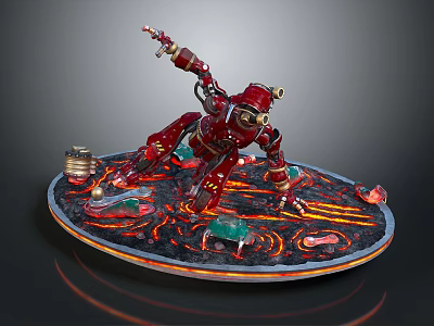 Red Robotic Smart Machine Figure On Lava Surface With Green Gemstones And Gold Accents 3d model