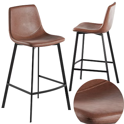 Brown Leather Bar Stools with Black Metal Frame and Visible Leather Stitching Details 3d model
