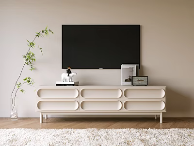 Sleek Beige TV Stand with Oval Compartments Wall Mounted TV and Green Plant Decor 3d model