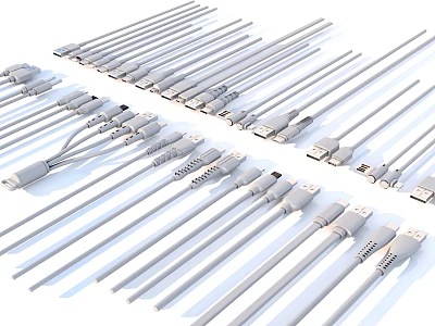 Various Types Of White Data Cables With USB HDMI And Different Connectors 3d model