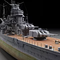 Historical Battleship With Large Turrets Wooden Deck And Metal Hull Structure