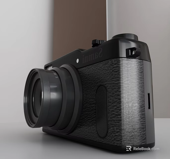 Sleek Black Digital Camera with Leather Texture Body and Large Lens Design Feature 3d model 
