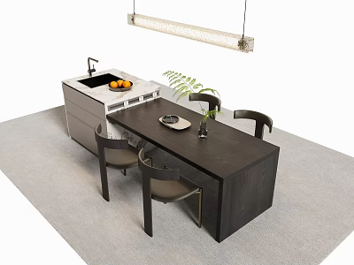 Modern Dining Table Set With Black Top Four Chairs Vase Pendant Light And Kitchen Cabinet 3d model
