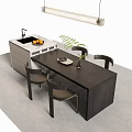 Modern Dining Table Set With Black Top Four Chairs Vase Pendant Light And Kitchen Cabinet