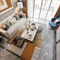 Modern Living and Dining Room Interior with Chandelier TV Wall White Sofa and Striped Rug