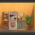 Cartoon Kitchen Scene With Yellow Walls White Green Cabinet Wooden Shelf And Potted Plant